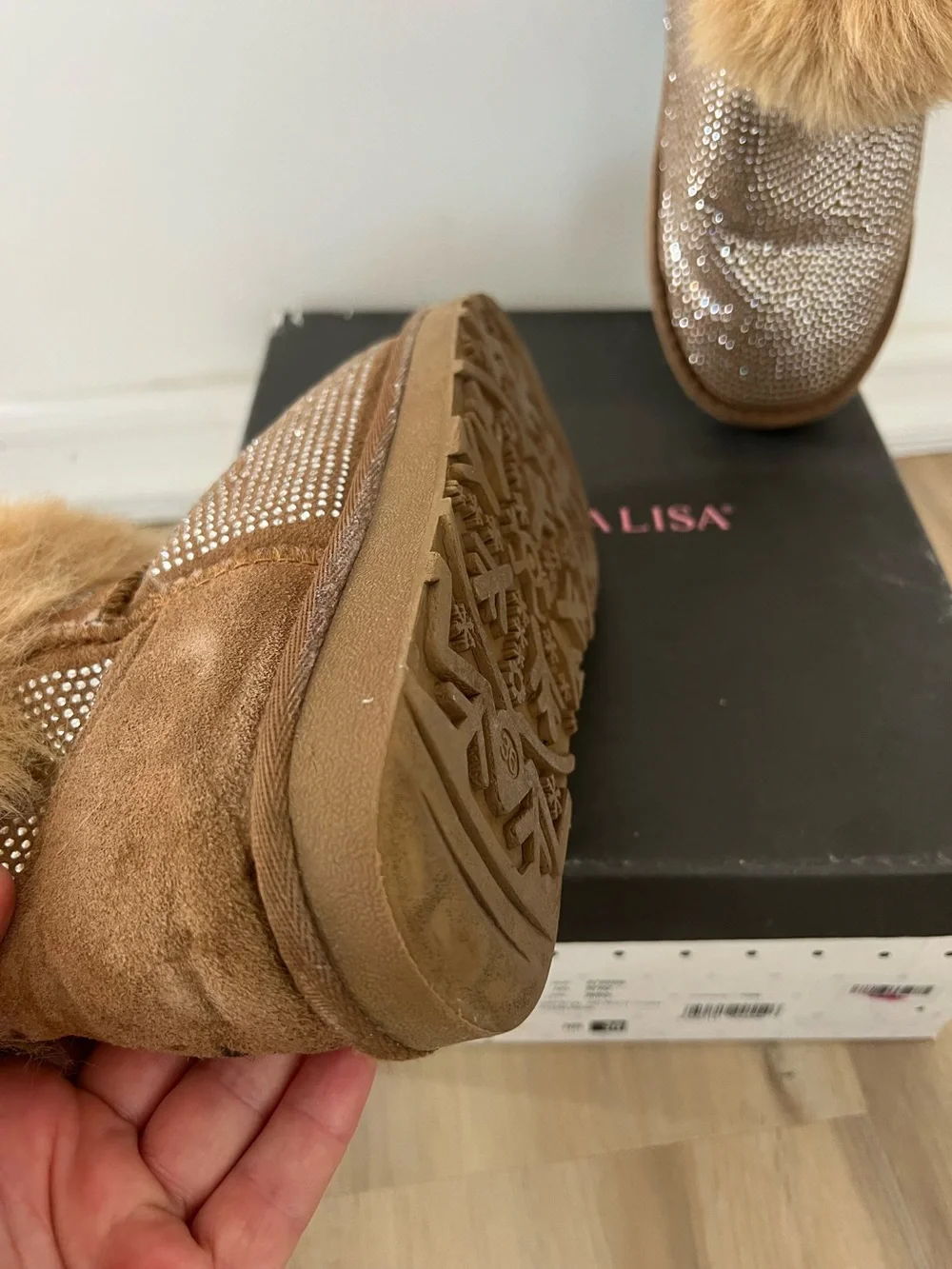 MonnaLisa Brown Crystal-Embellished Fur-Trim Booties Size 36 Ski boots